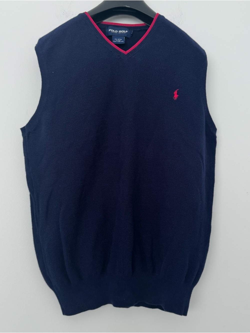 VTG Polo Golf Ralph Lauren Sweater Vest Navy Pink Trim Cotton Silk Blend L